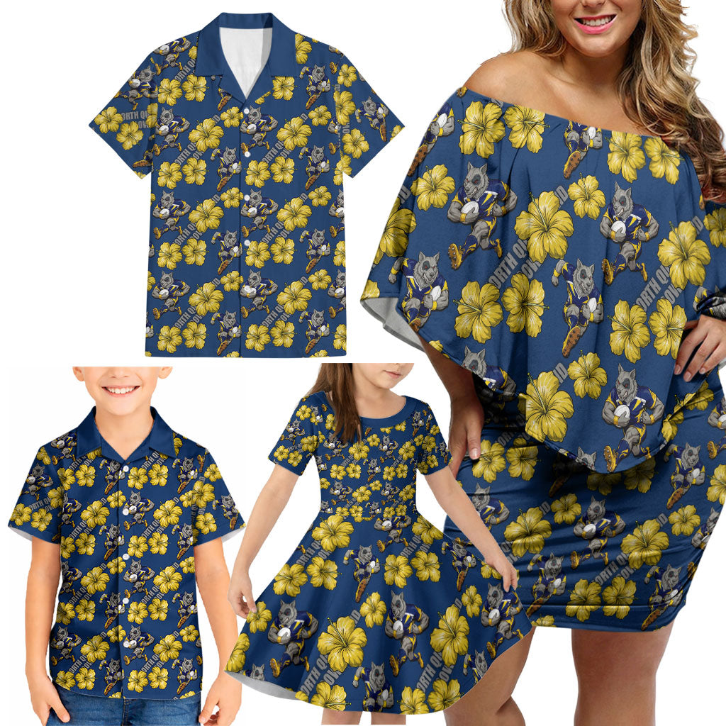 North Queensland Cowboys Family Matching Off Shoulder Short Dress and Hawaiian Shirt Tropical Hibiscus Floral Seamless Rugby Mascot