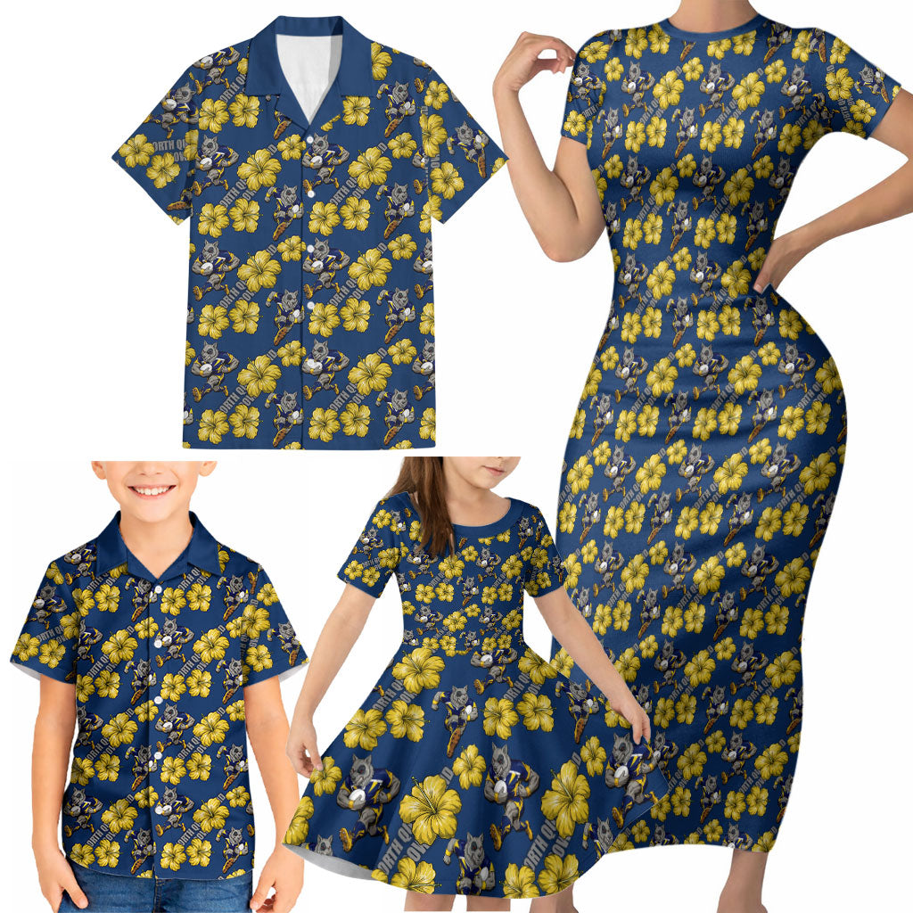 North Queensland Cowboys Family Matching Short Sleeve Bodycon Dress and Hawaiian Shirt Tropical Hibiscus Floral Seamless Rugby Mascot