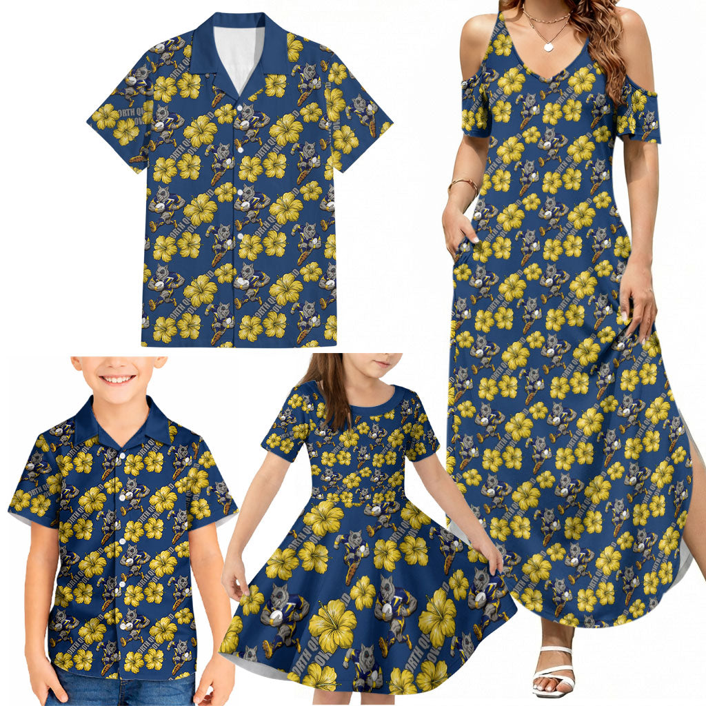 North Queensland Cowboys Family Matching Summer Maxi Dress and Hawaiian Shirt Tropical Hibiscus Floral Seamless Rugby Mascot
