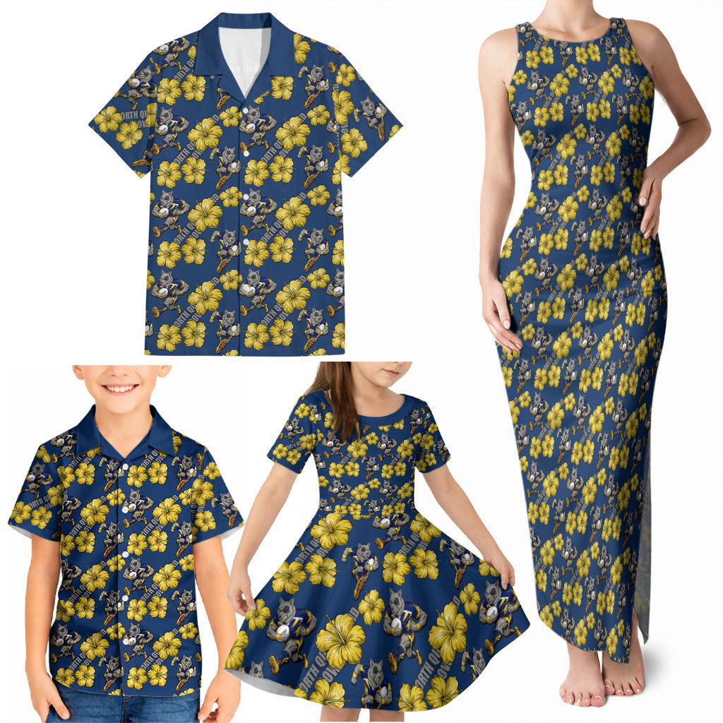 North Queensland Cowboys Family Matching Tank Maxi Dress and Hawaiian Shirt Tropical Hibiscus Floral Seamless Rugby Mascot