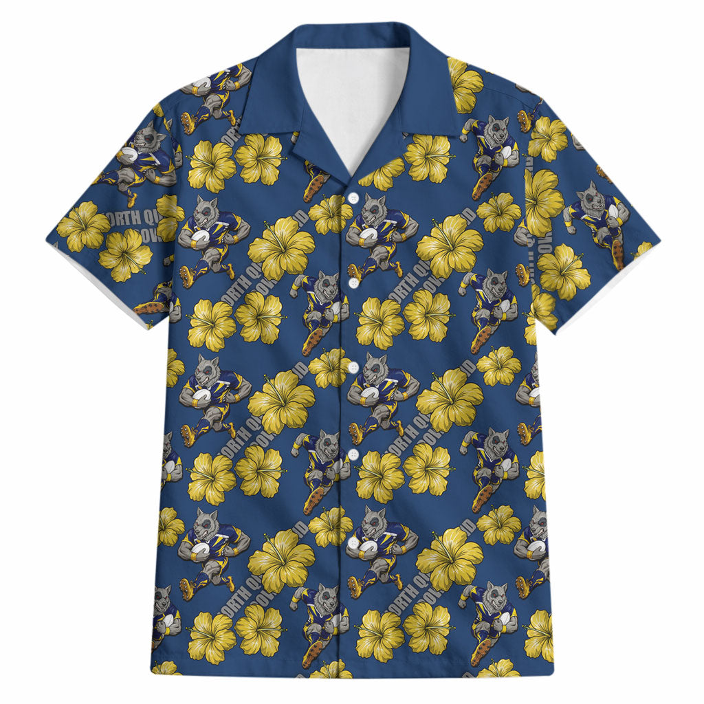 North Queensland Cowboys Hawaiian Shirt Tropical Hibiscus Floral Seamless Rugby Mascot