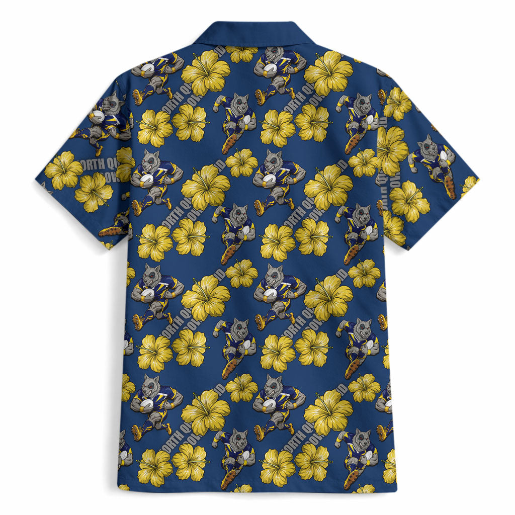 North Queensland Cowboys Hawaiian Shirt Tropical Hibiscus Floral Seamless Rugby Mascot