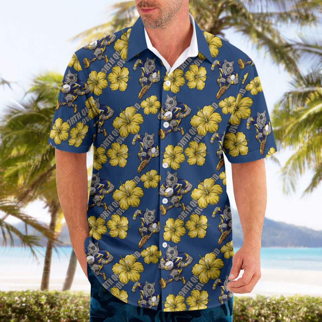 North Queensland Cowboys Hawaiian Shirt Tropical Hibiscus Floral Seamless Rugby Mascot