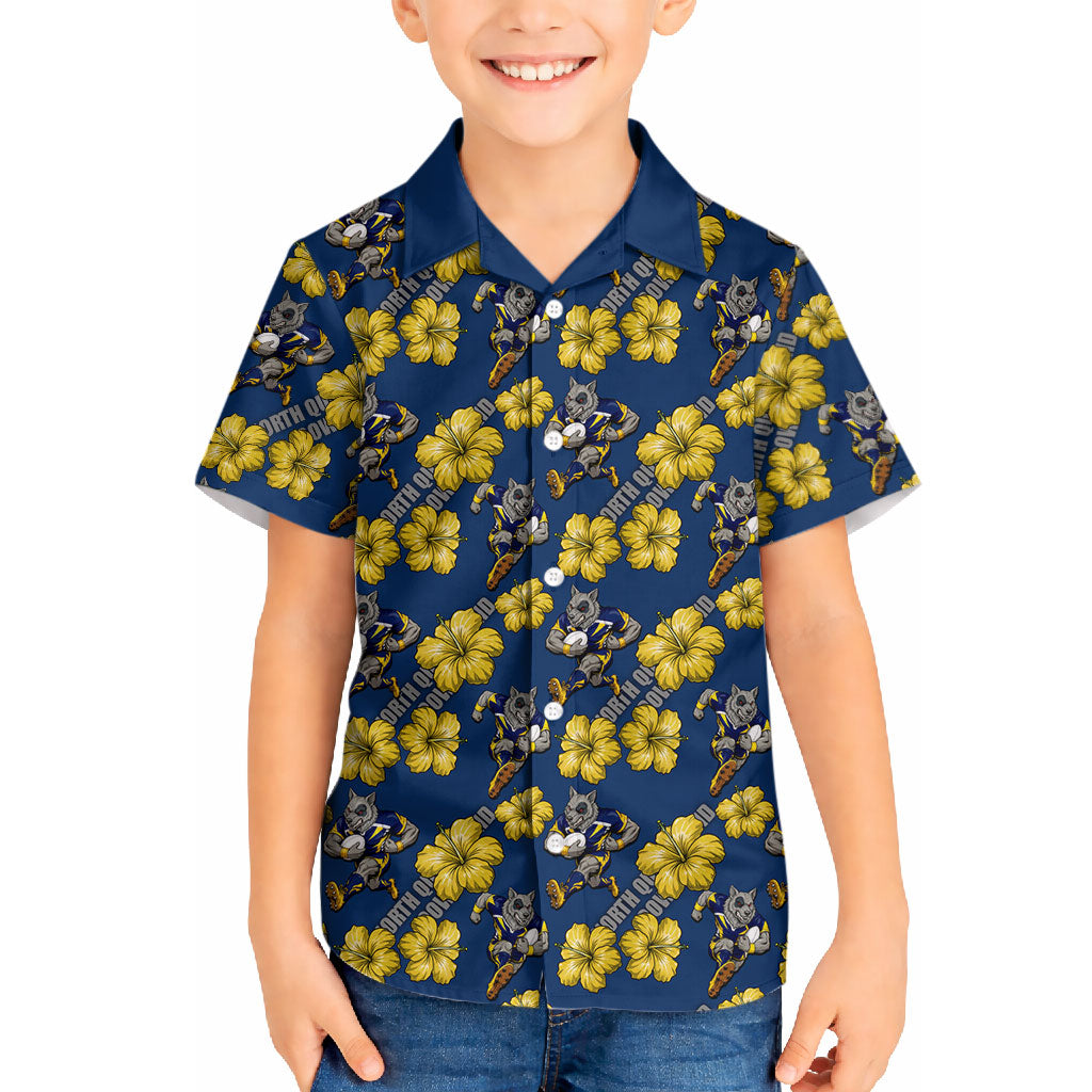 North Queensland Cowboys Hawaiian Shirt Tropical Hibiscus Floral Seamless Rugby Mascot