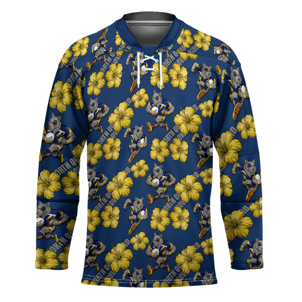 North Queensland Cowboys Hockey Jersey Tropical Hibiscus Floral Seamless Rugby Mascot
