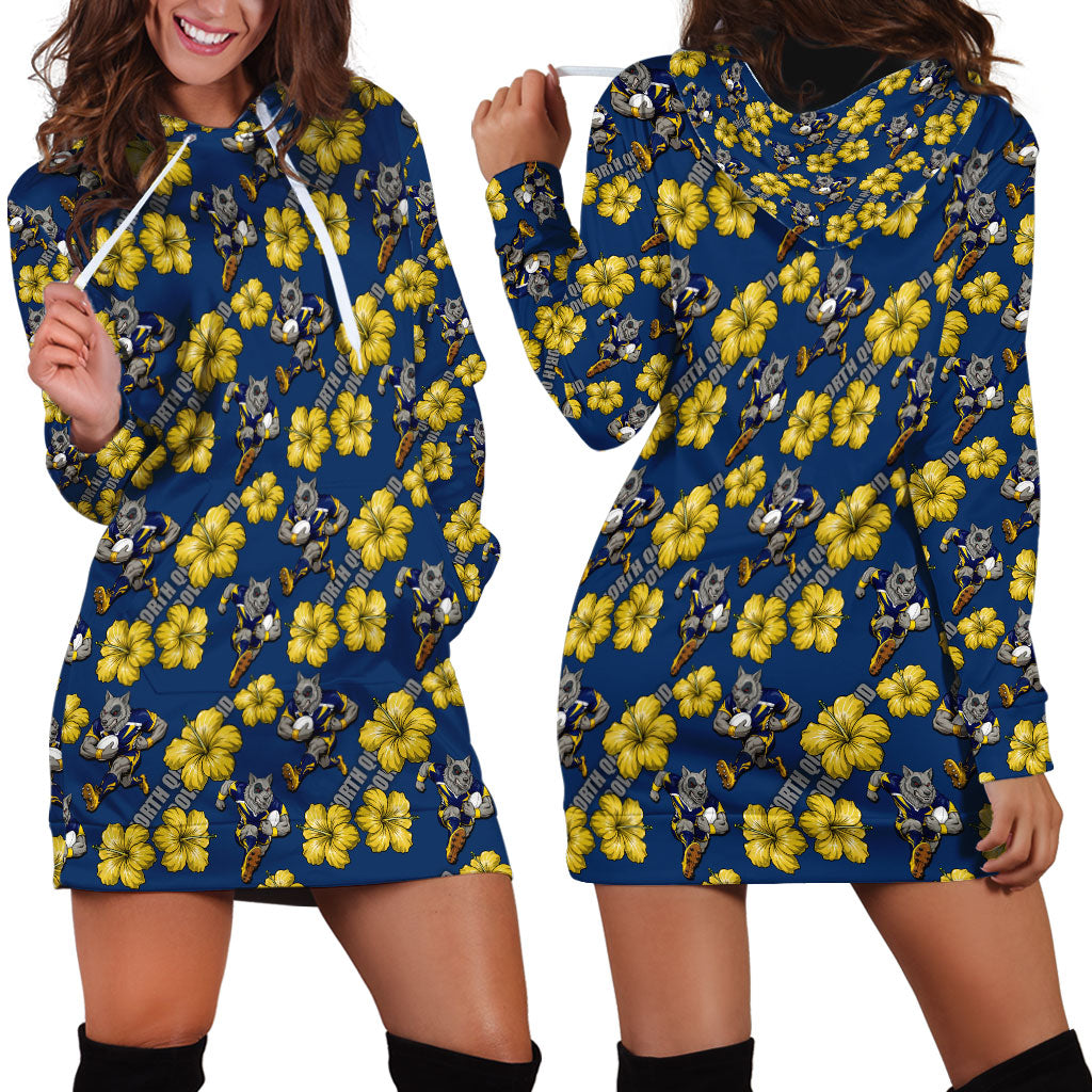 North Queensland Cowboys Hoodie Dress Tropical Hibiscus Floral Seamless Rugby Mascot