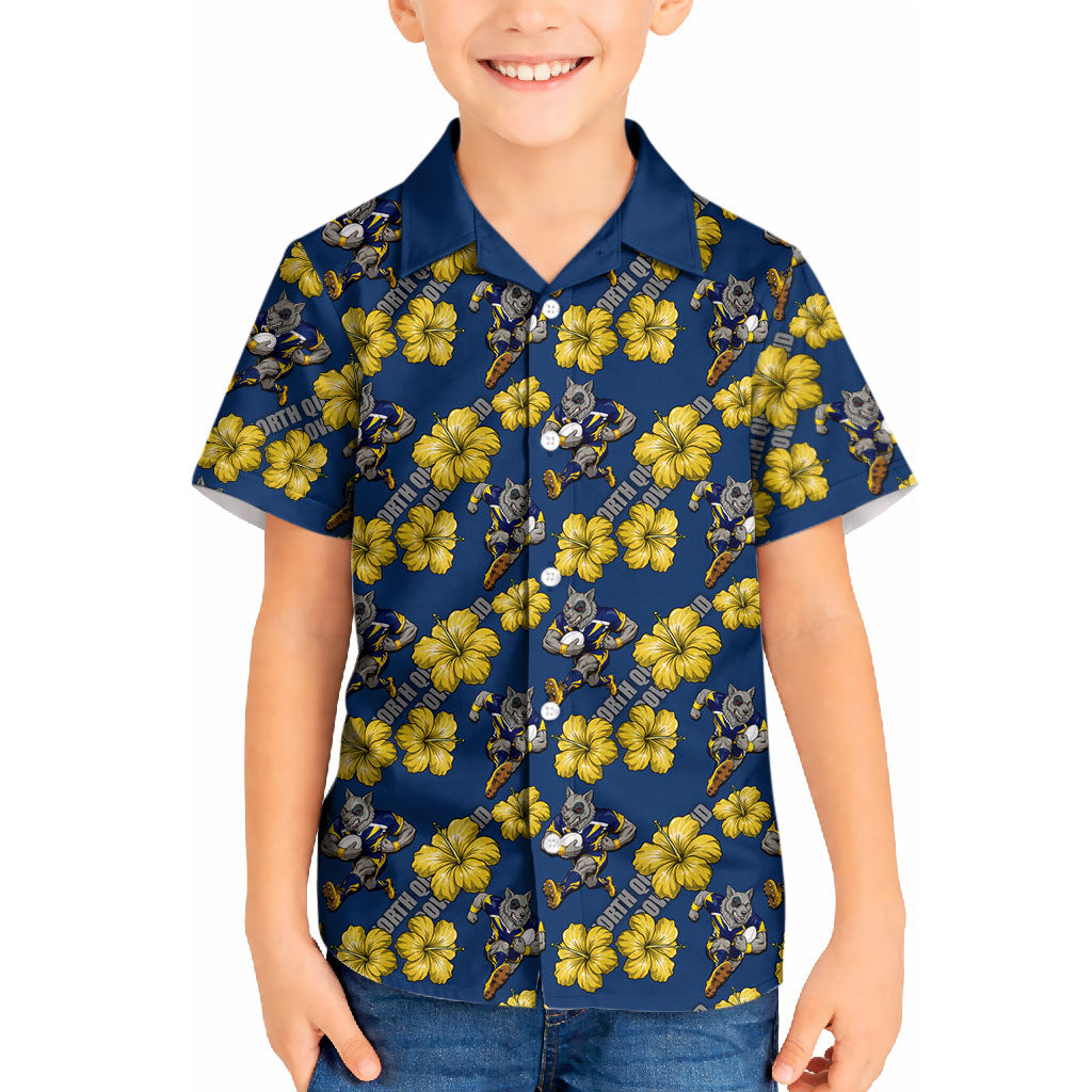 North Queensland Cowboys Kid Hawaiian Shirt Tropical Hibiscus Floral Seamless Rugby Mascot