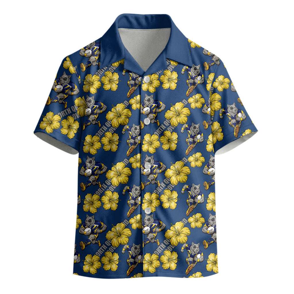 North Queensland Cowboys Kid Hawaiian Shirt Tropical Hibiscus Floral Seamless Rugby Mascot