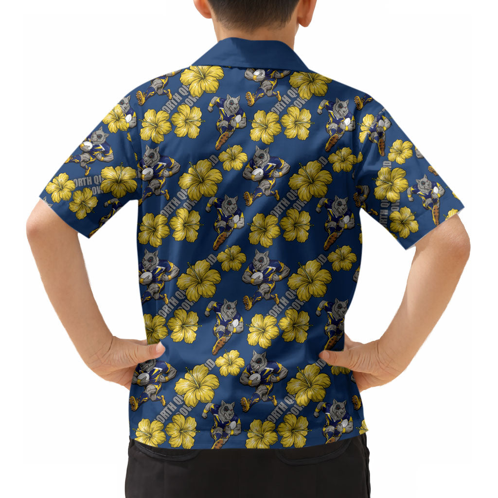 North Queensland Cowboys Kid Hawaiian Shirt Tropical Hibiscus Floral Seamless Rugby Mascot