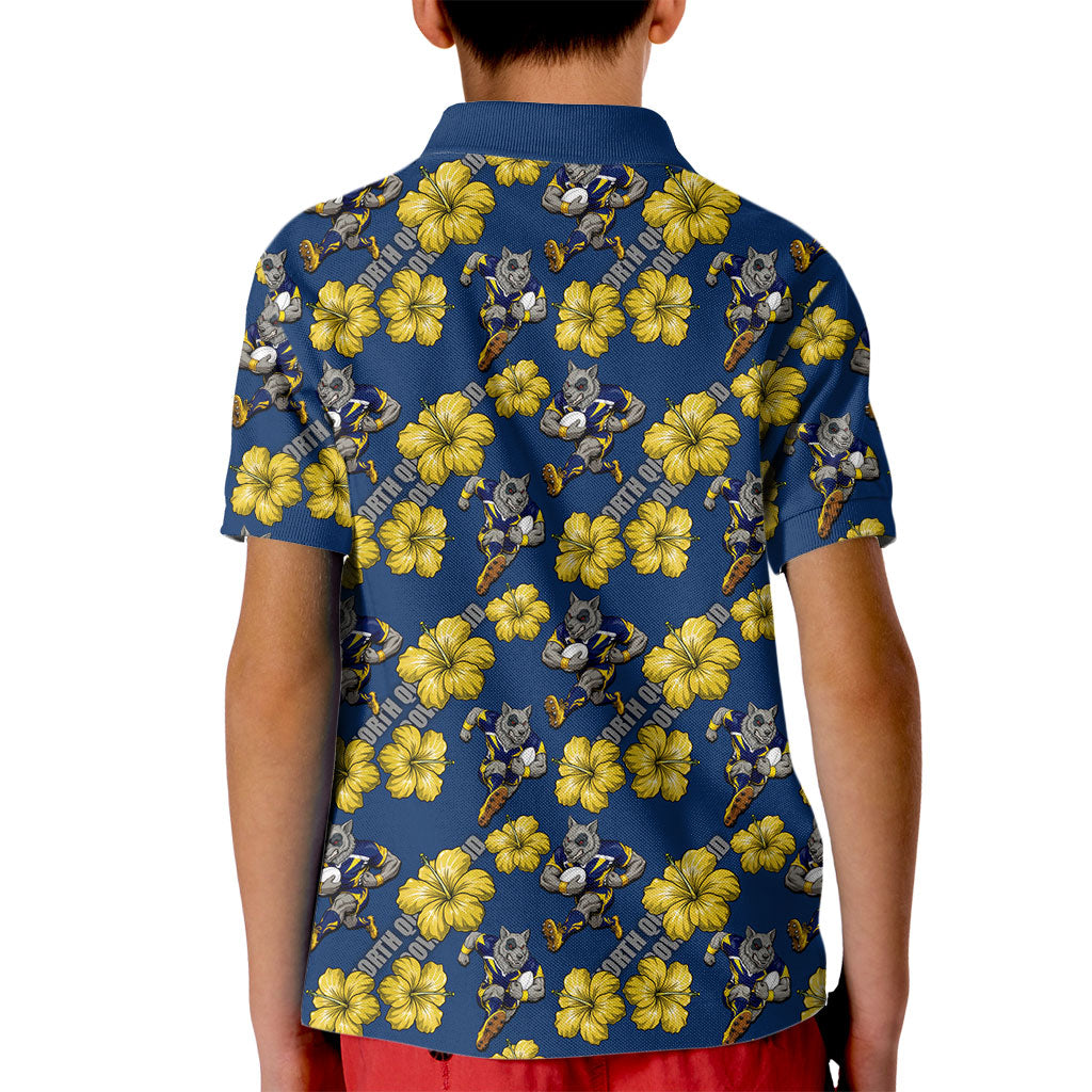 North Queensland Cowboys Kid Polo Shirt Tropical Hibiscus Floral Seamless Rugby Mascot