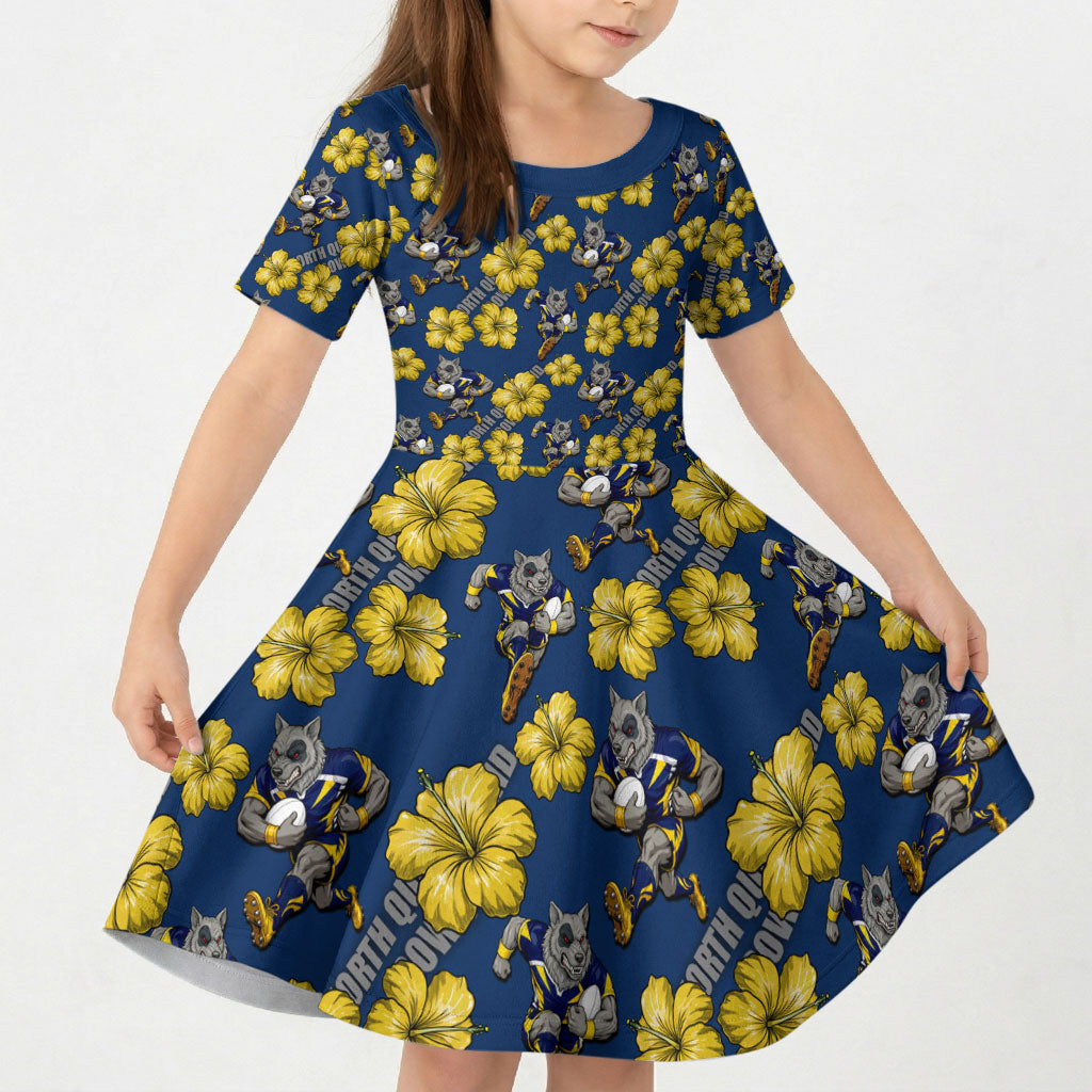 North Queensland Cowboys Kid Short Sleeve Dress Tropical Hibiscus Floral Seamless Rugby Mascot
