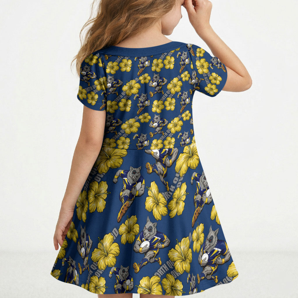 North Queensland Cowboys Kid Short Sleeve Dress Tropical Hibiscus Floral Seamless Rugby Mascot