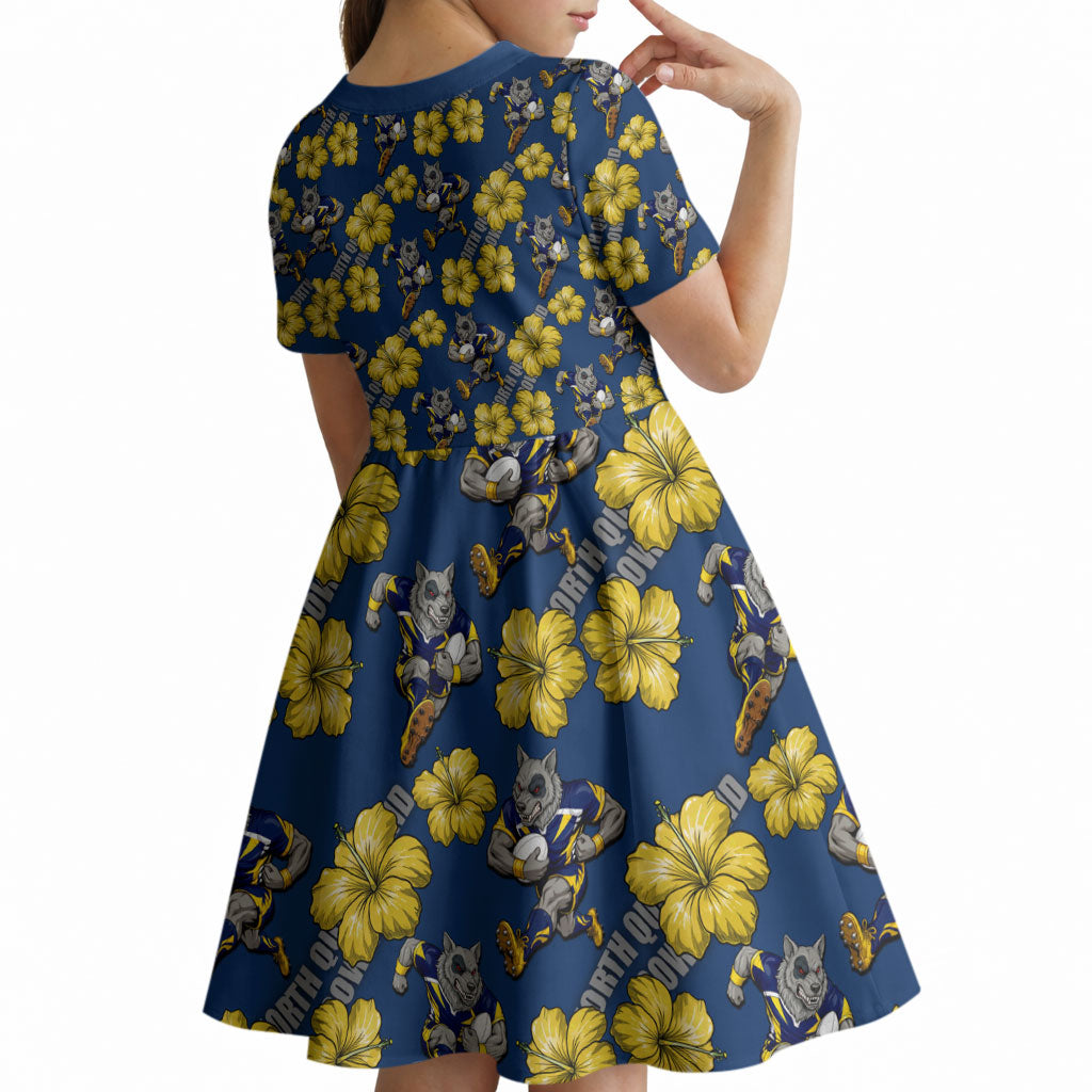 North Queensland Cowboys Kid Short Sleeve Dress Tropical Hibiscus Floral Seamless Rugby Mascot