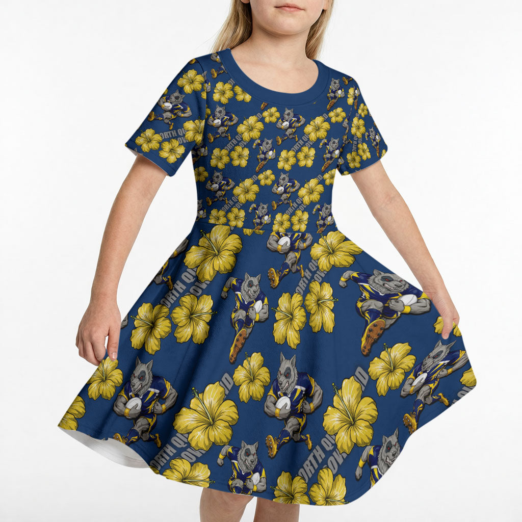 North Queensland Cowboys Kid Short Sleeve Dress Tropical Hibiscus Floral Seamless Rugby Mascot