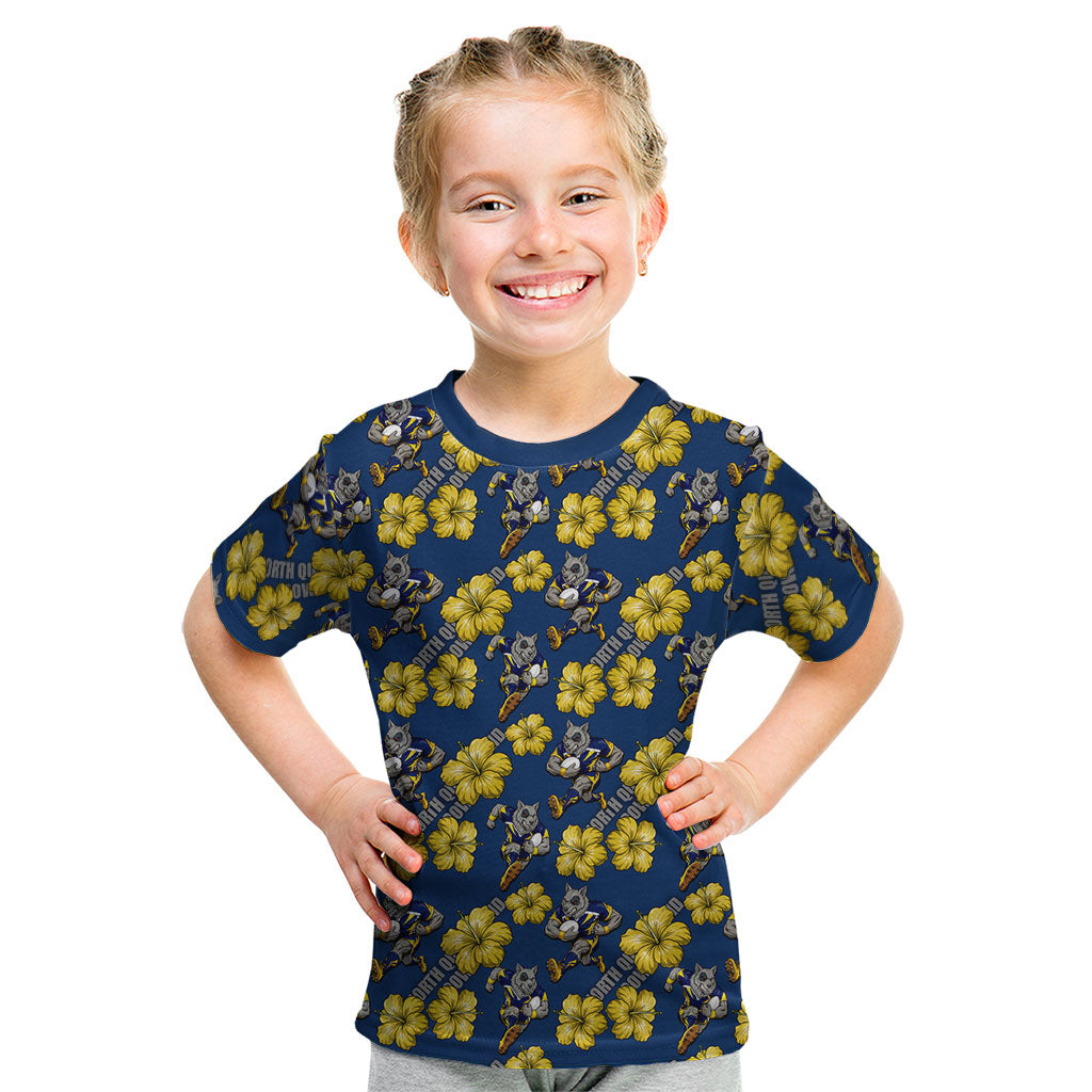 North Queensland Cowboys Kid T Shirt Tropical Hibiscus Floral Seamless Rugby Mascot