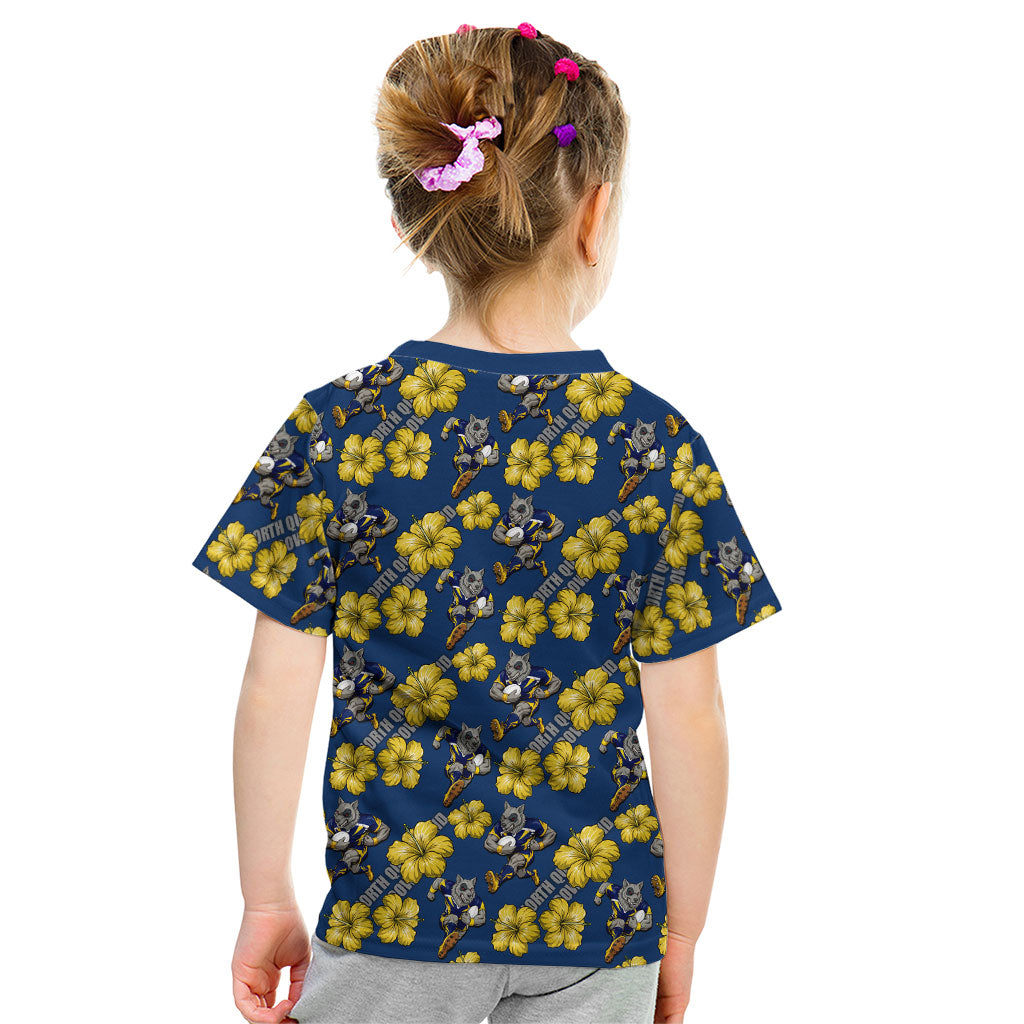 North Queensland Cowboys Kid T Shirt Tropical Hibiscus Floral Seamless Rugby Mascot