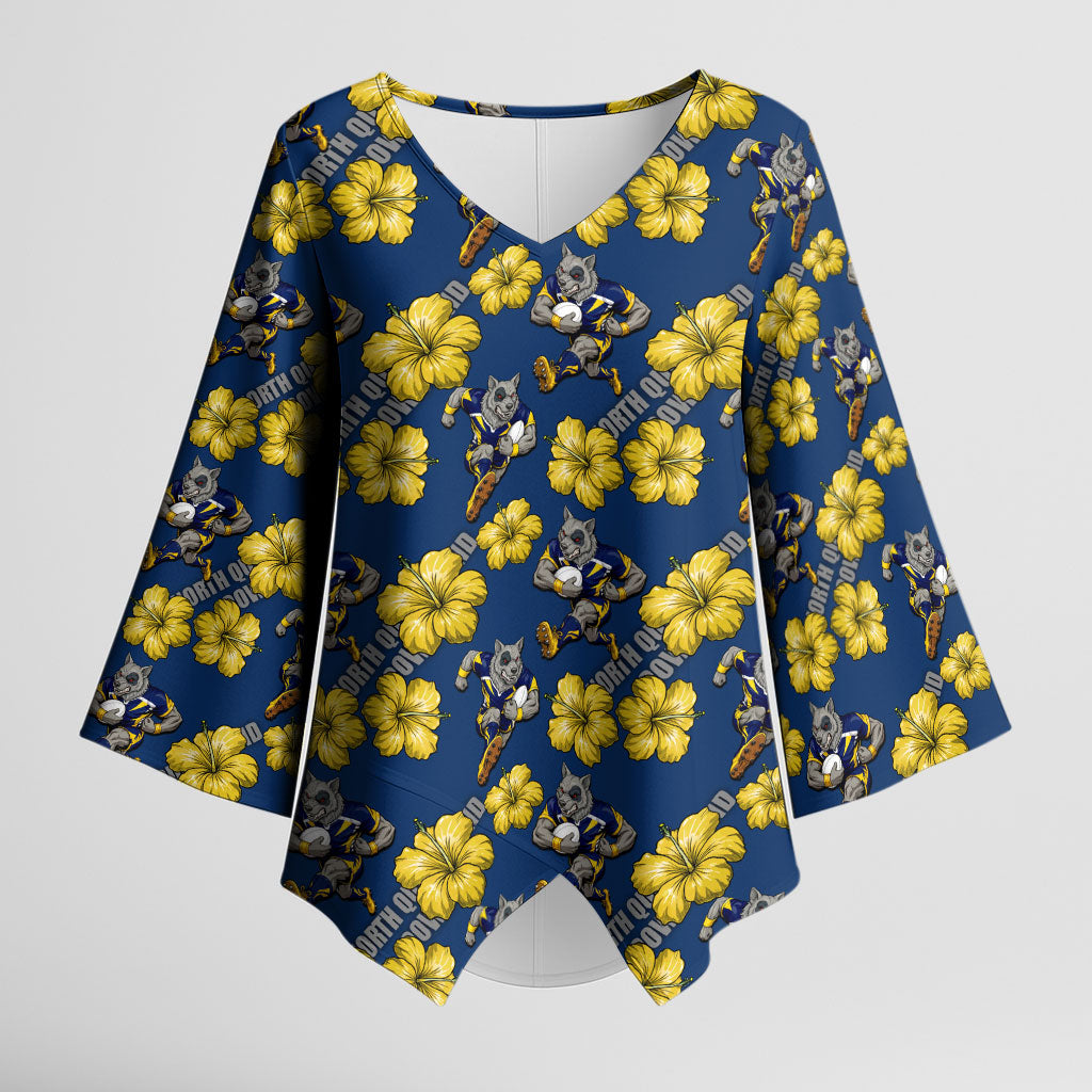 North Queensland Cowboys Kimono Sleeve Blouse Tropical Hibiscus Floral Seamless Rugby Mascot