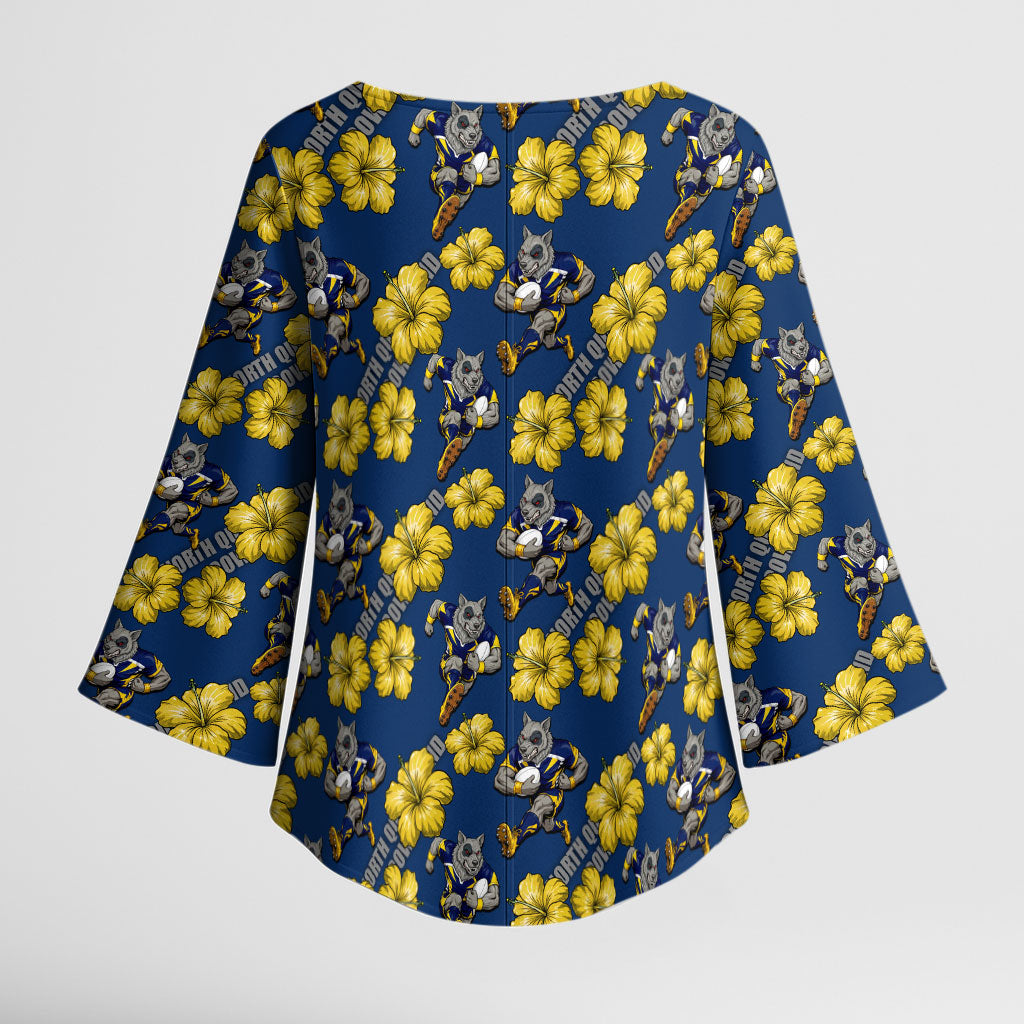 North Queensland Cowboys Kimono Sleeve Blouse Tropical Hibiscus Floral Seamless Rugby Mascot