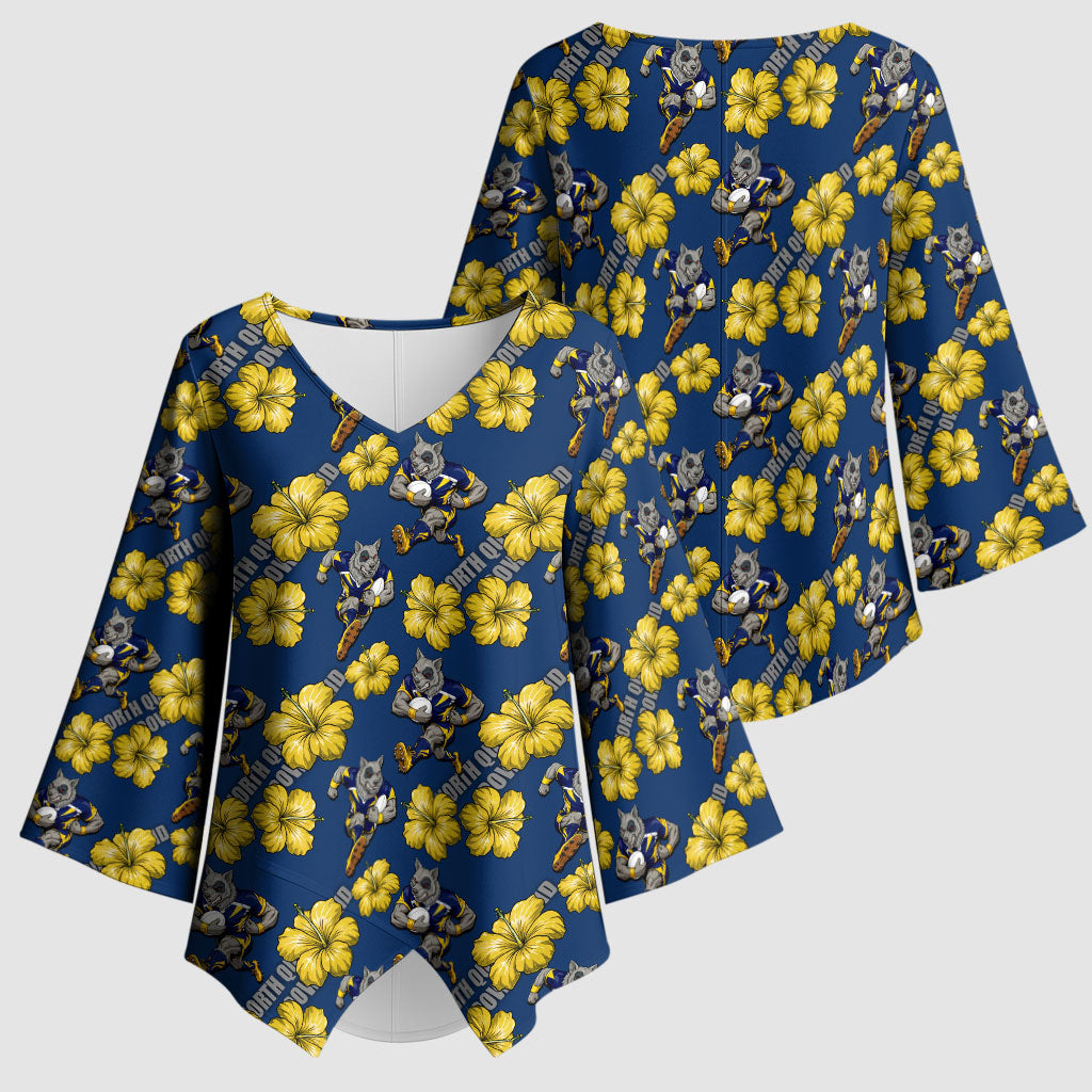 North Queensland Cowboys Kimono Sleeve Blouse Tropical Hibiscus Floral Seamless Rugby Mascot