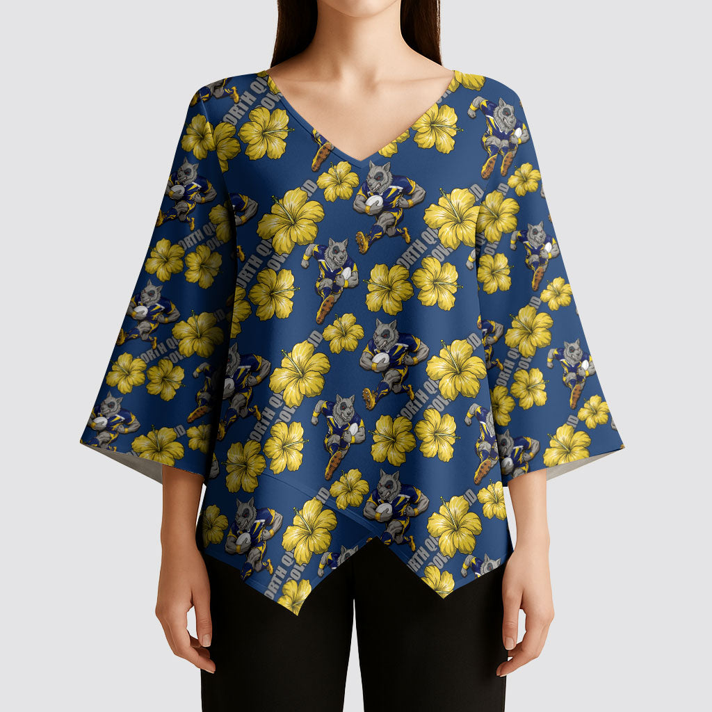 North Queensland Cowboys Kimono Sleeve Blouse Tropical Hibiscus Floral Seamless Rugby Mascot