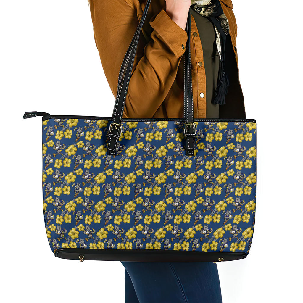 North Queensland Cowboys Leather Tote Bag Tropical Hibiscus Floral Seamless Rugby Mascot