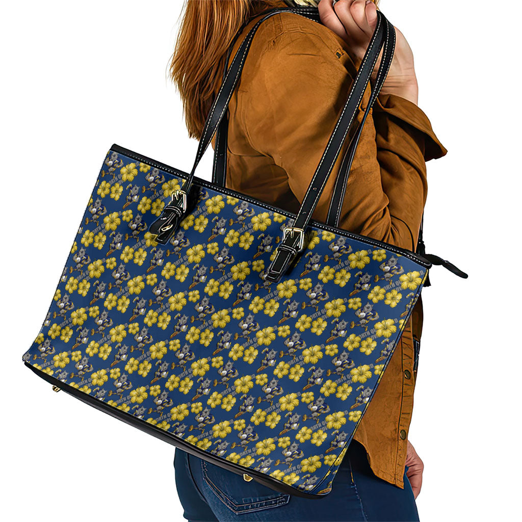 North Queensland Cowboys Leather Tote Bag Tropical Hibiscus Floral Seamless Rugby Mascot