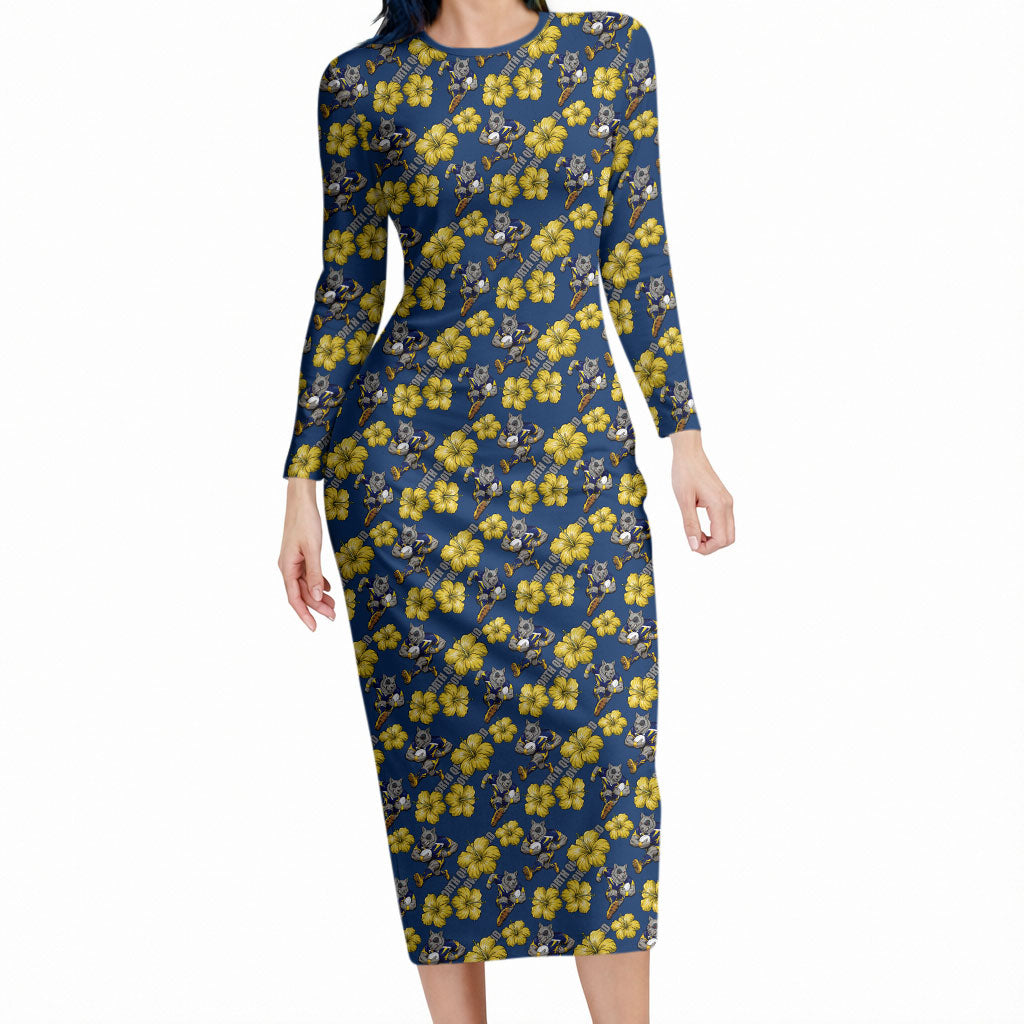 North Queensland Cowboys Long Sleeve Bodycon Dress Tropical Hibiscus Floral Seamless Rugby Mascot