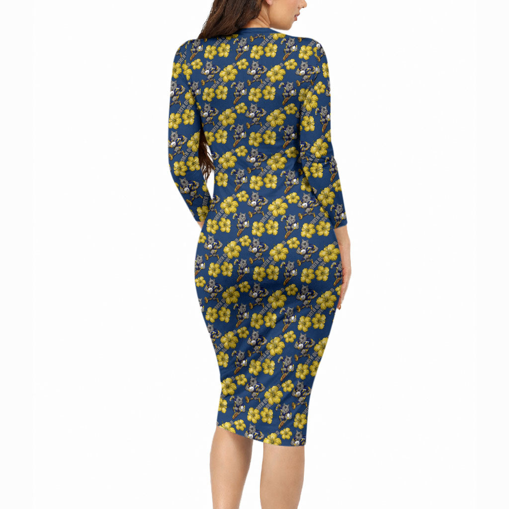 North Queensland Cowboys Long Sleeve Bodycon Dress Tropical Hibiscus Floral Seamless Rugby Mascot