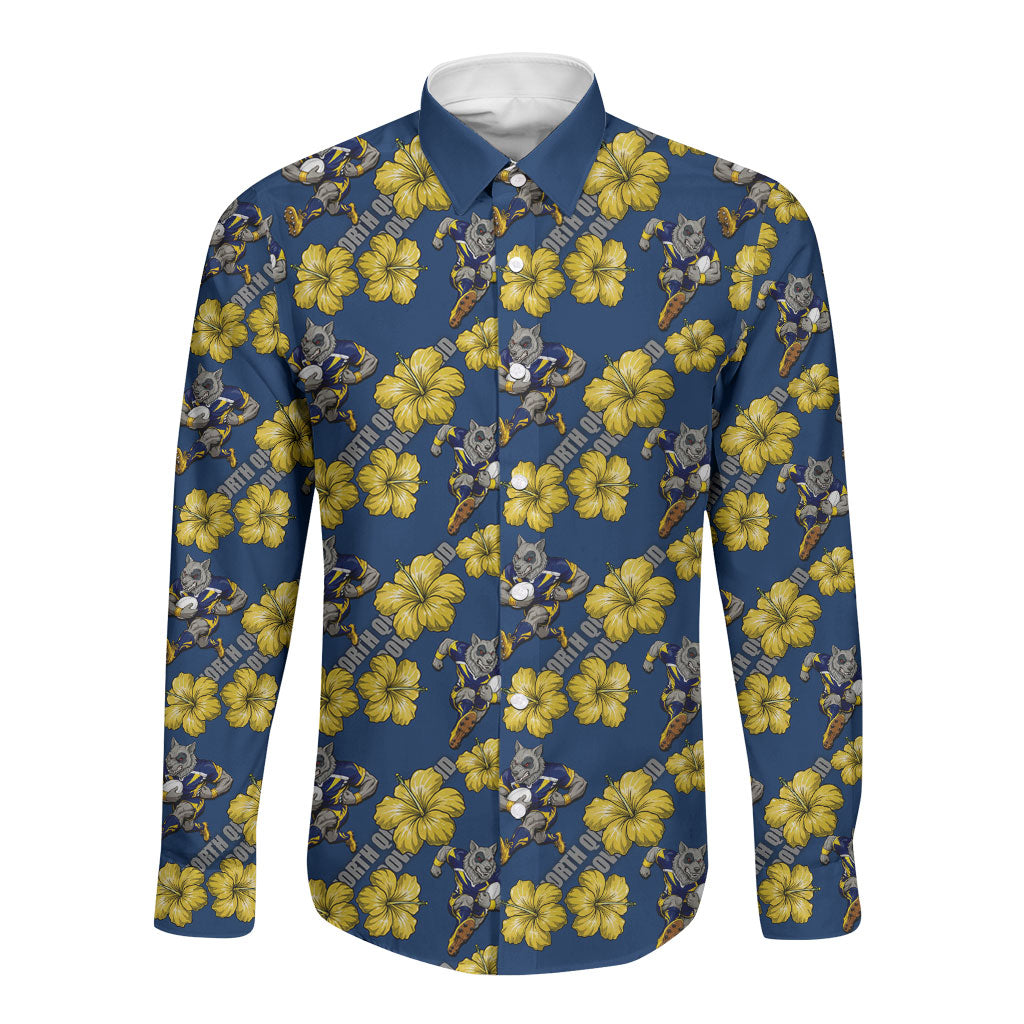 North Queensland Cowboys Long Sleeve Button Shirt Tropical Hibiscus Floral Seamless Rugby Mascot