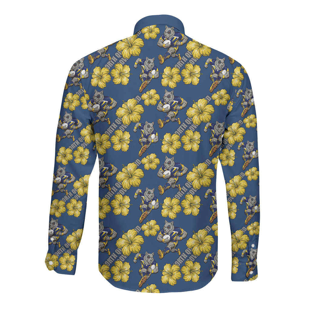 North Queensland Cowboys Long Sleeve Button Shirt Tropical Hibiscus Floral Seamless Rugby Mascot