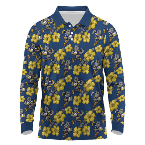 North Queensland Cowboys Long Sleeve Polo Shirt Tropical Hibiscus Floral Seamless Rugby Mascot