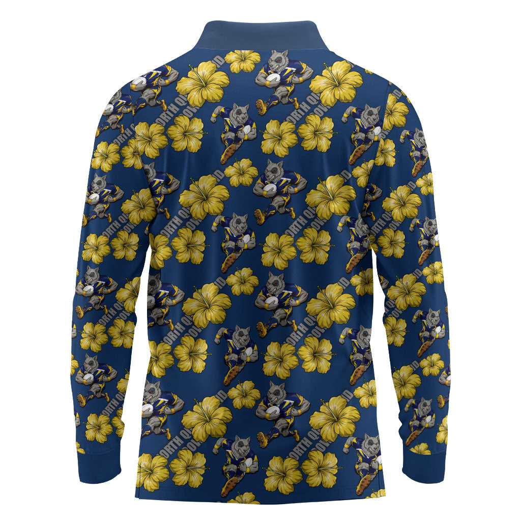 North Queensland Cowboys Long Sleeve Polo Shirt Tropical Hibiscus Floral Seamless Rugby Mascot