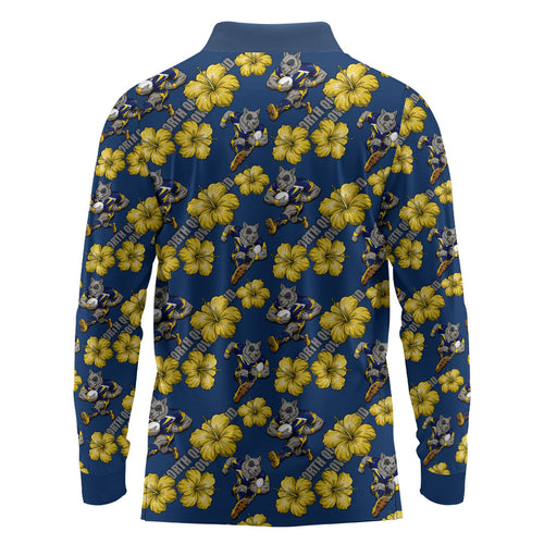 North Queensland Cowboys Long Sleeve Polo Shirt Tropical Hibiscus Floral Seamless Rugby Mascot