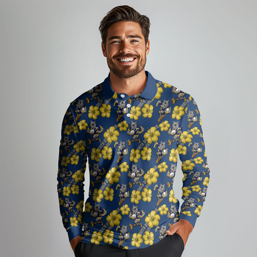North Queensland Cowboys Long Sleeve Polo Shirt Tropical Hibiscus Floral Seamless Rugby Mascot
