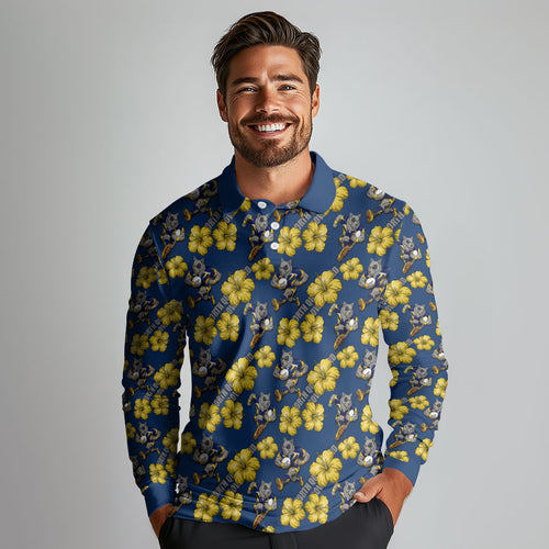 North Queensland Cowboys Long Sleeve Polo Shirt Tropical Hibiscus Floral Seamless Rugby Mascot