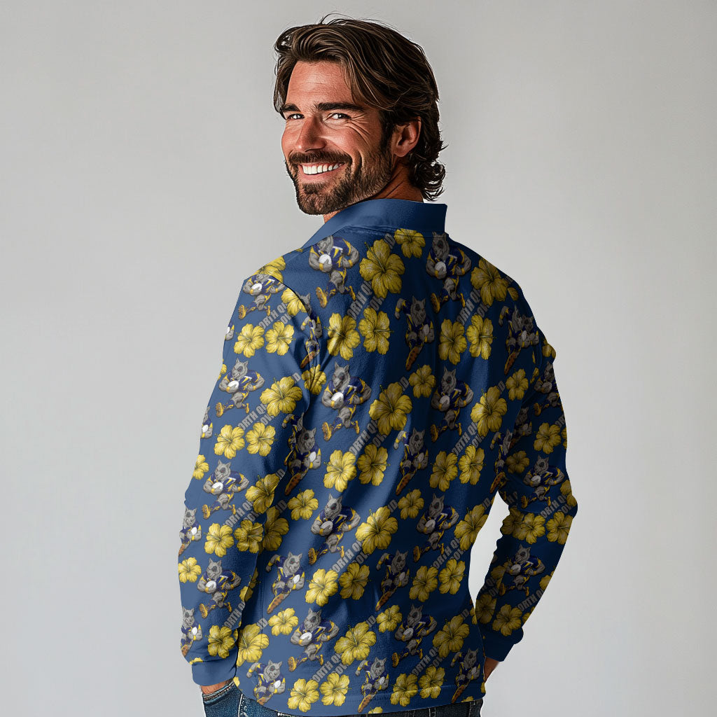 North Queensland Cowboys Long Sleeve Polo Shirt Tropical Hibiscus Floral Seamless Rugby Mascot