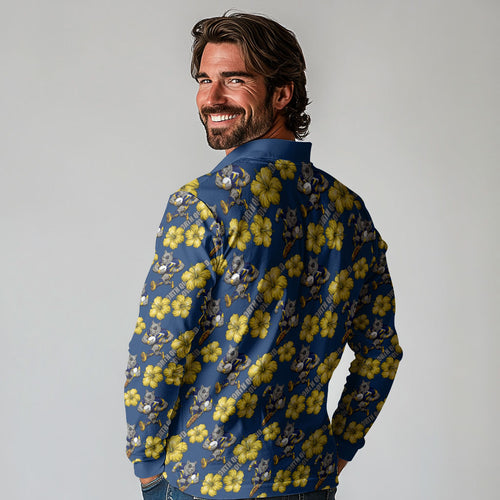 North Queensland Cowboys Long Sleeve Polo Shirt Tropical Hibiscus Floral Seamless Rugby Mascot