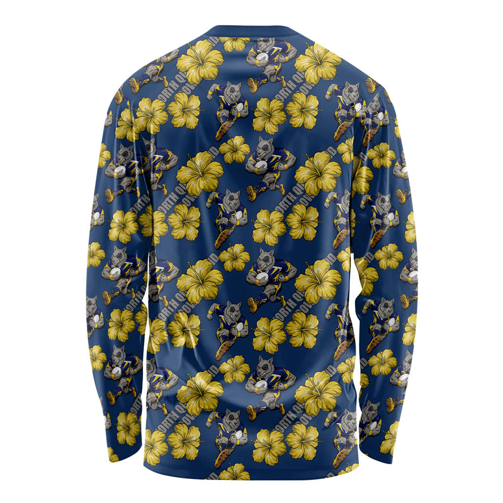 North Queensland Cowboys Long Sleeve Shirt Tropical Hibiscus Floral Seamless Rugby Mascot