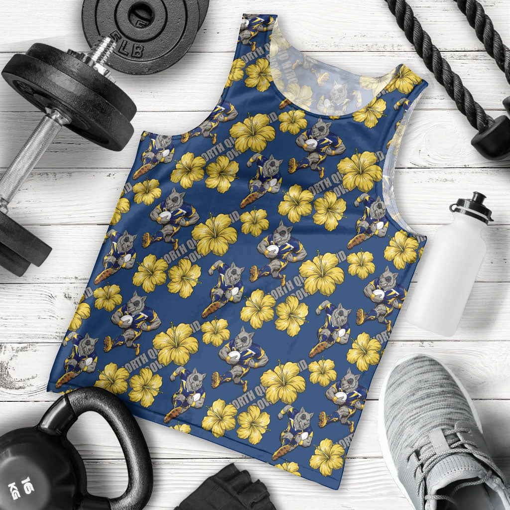North Queensland Cowboys Men Tank Top Tropical Hibiscus Floral Seamless Rugby Mascot
