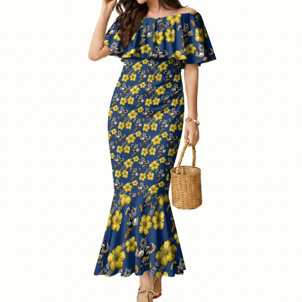North Queensland Cowboys Mermaid Dress Tropical Hibiscus Floral Seamless Rugby Mascot