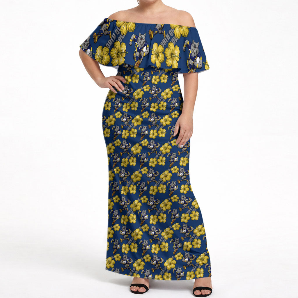 North Queensland Cowboys Off Shoulder Maxi Dress Tropical Hibiscus Floral Seamless Rugby Mascot