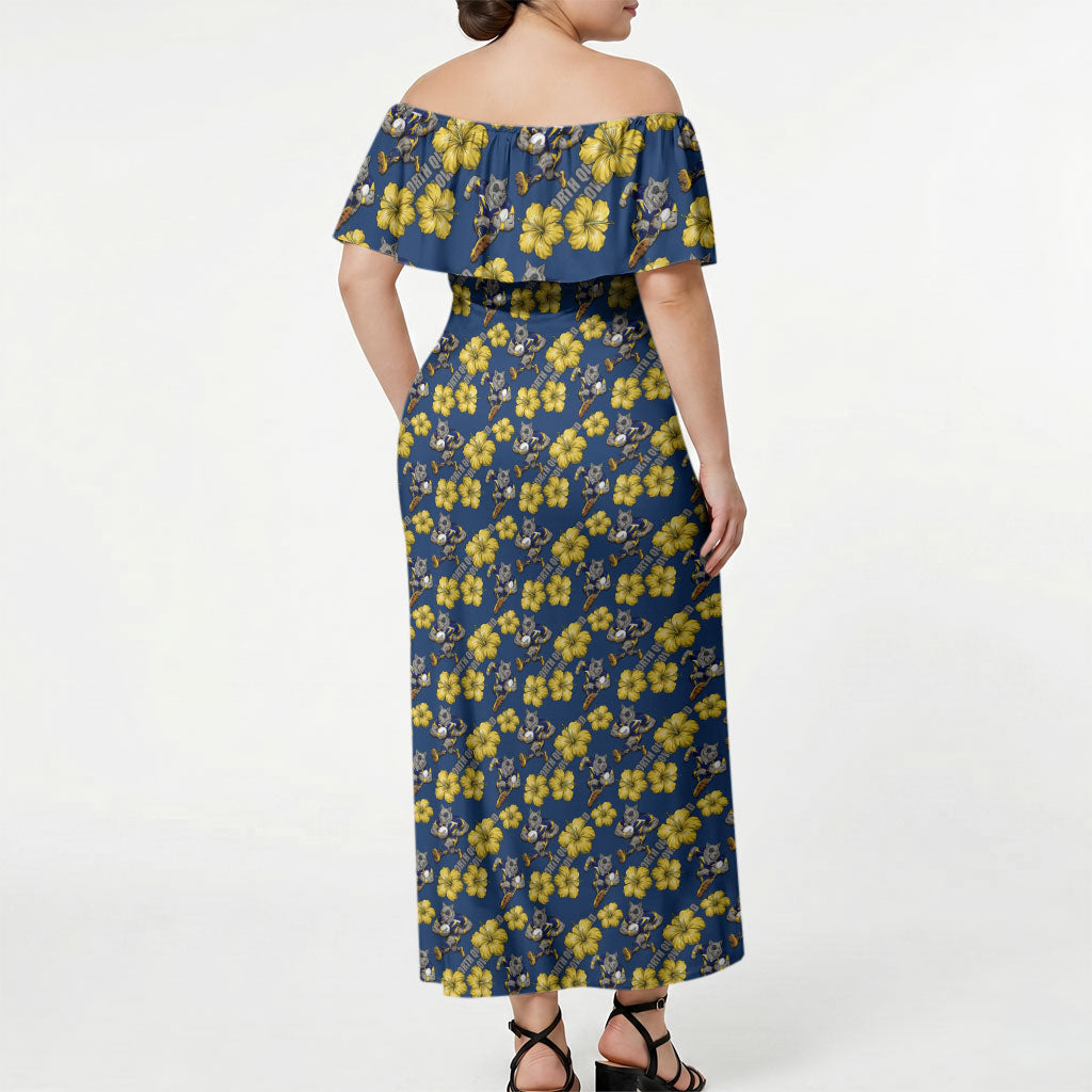 North Queensland Cowboys Off Shoulder Maxi Dress Tropical Hibiscus Floral Seamless Rugby Mascot