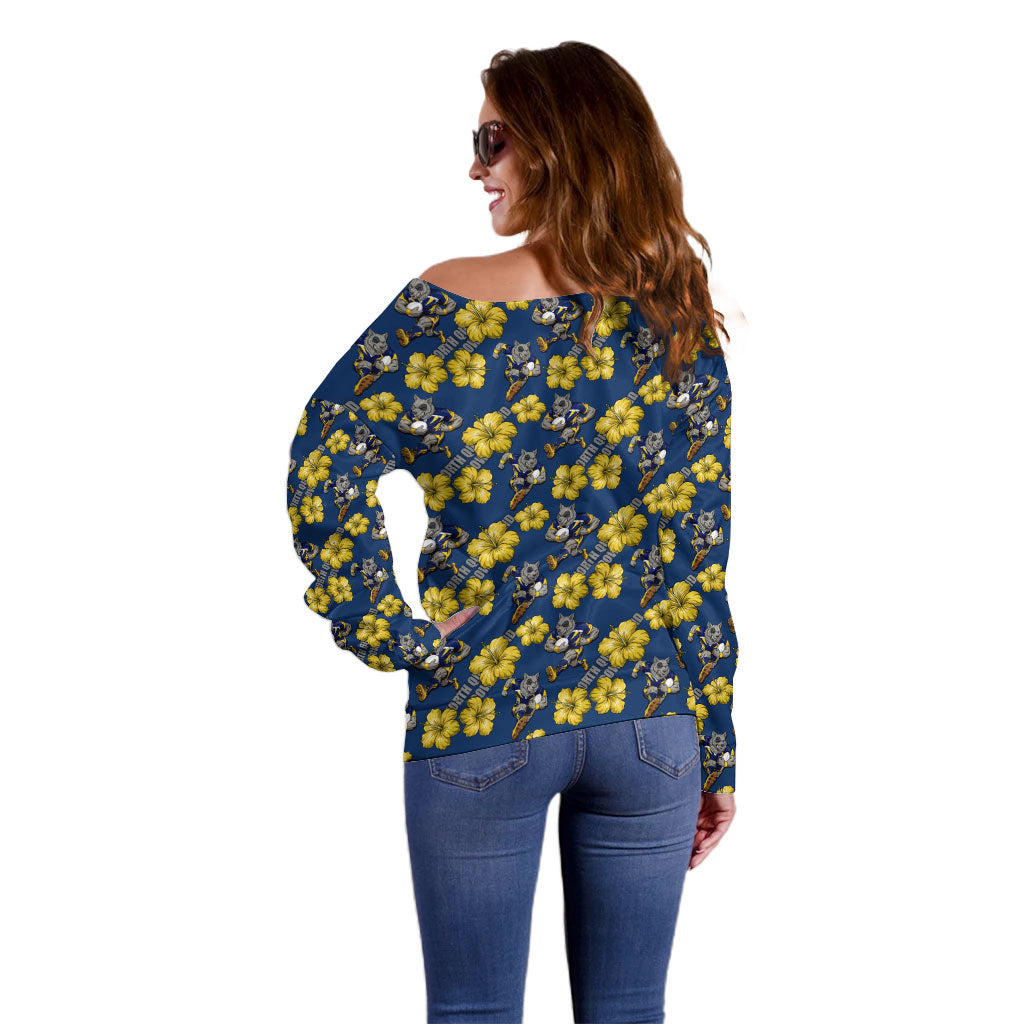 North Queensland Cowboys Off Shoulder Sweater Tropical Hibiscus Floral Seamless Rugby Mascot