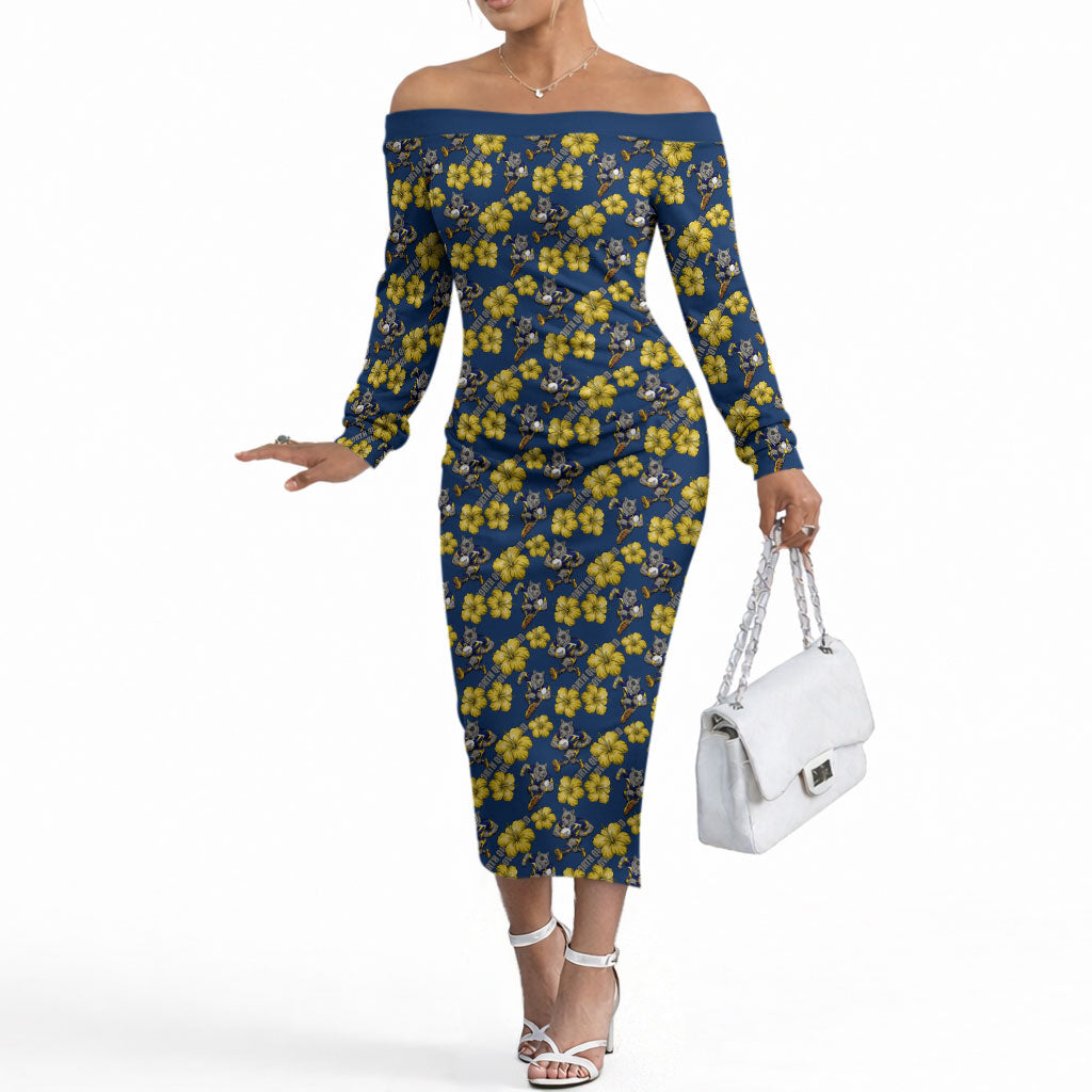 North Queensland Cowboys Off The Shoulder Long Sleeve Dress Tropical Hibiscus Floral Seamless Rugby Mascot