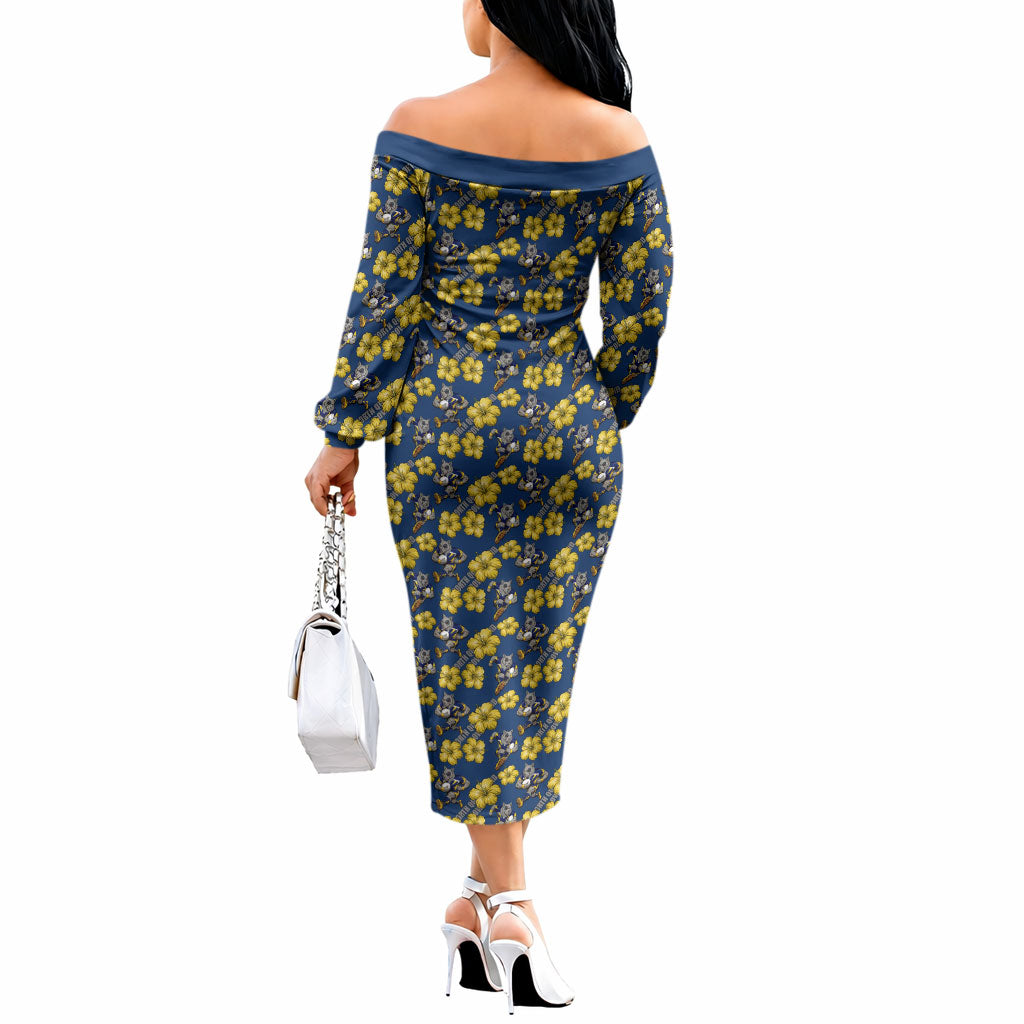 North Queensland Cowboys Off The Shoulder Long Sleeve Dress Tropical Hibiscus Floral Seamless Rugby Mascot