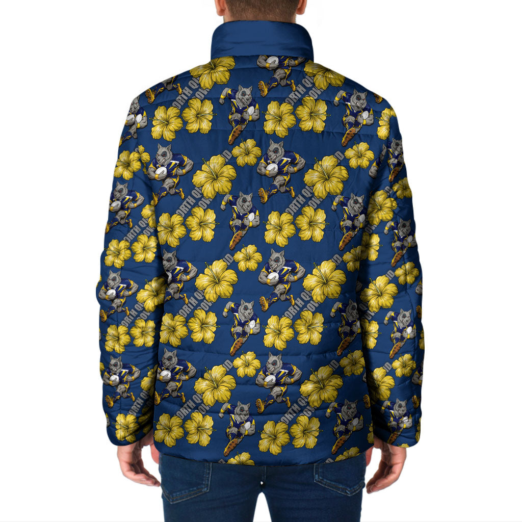 North Queensland Cowboys Padded Jacket Tropical Hibiscus Floral Seamless Rugby Mascot