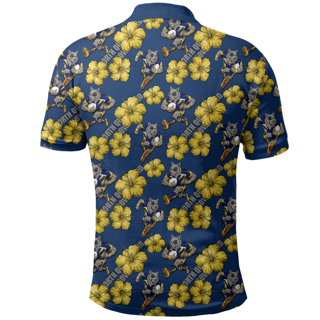 North Queensland Cowboys Polo Shirt Tropical Hibiscus Floral Seamless Rugby Mascot