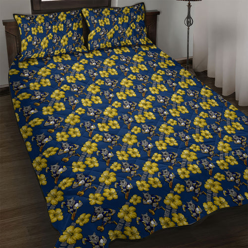North Queensland Cowboys Quilt Bed Set Tropical Hibiscus Floral Seamless Rugby Mascot