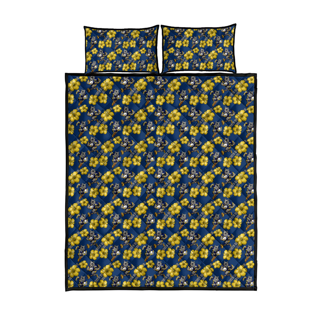 North Queensland Cowboys Quilt Bed Set Tropical Hibiscus Floral Seamless Rugby Mascot
