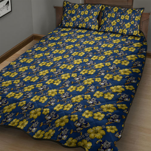 North Queensland Cowboys Quilt Bed Set Tropical Hibiscus Floral Seamless Rugby Mascot